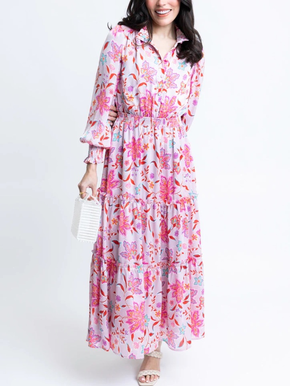 Karlie Pink Floral Satin Smock Waist Tiered Long Sleeve Maxi Dress